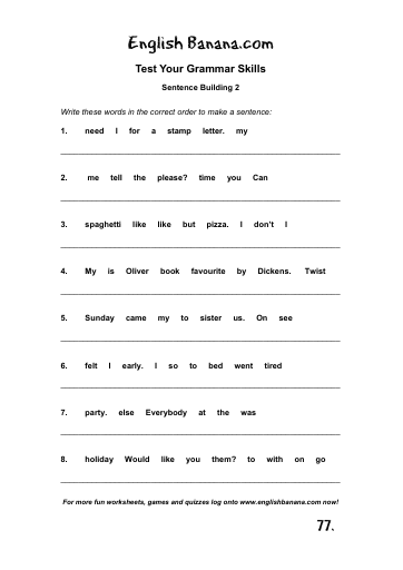 Building Sentences: Practice Completing Grammar Exercises with Naming and Action Parts First grade grammar worksheet showing sentence building exercises with subjects and predicates for students to complete