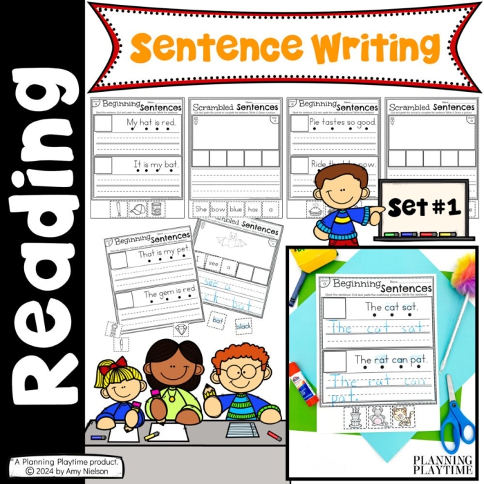 Beginning Grammar: Building Sentences Practice Activity for Grade 1 First grade grammar worksheet showing sentence building exercises with subjects and predicates for young learners to complete