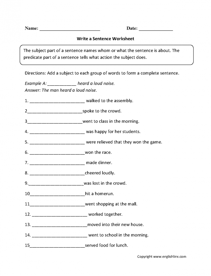 Beginning Grammar Building Sentences Worksheet Number 9 for First Grade Students First grade students practicing sentence structure by identifying subjects and predicates in a grammar worksheet