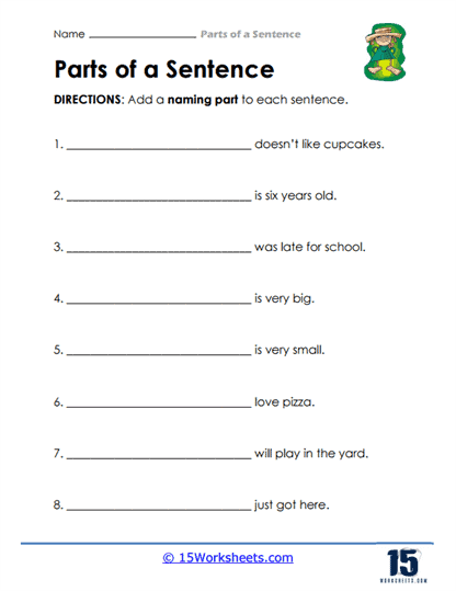 Worksheet for first graders on the parts of a sentence to enhance grammar skills