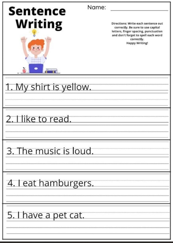 Creative writing worksheet for first grade: Favorite subjects in school Worksheet for first graders to practice sentence writing about their favorite school subjects