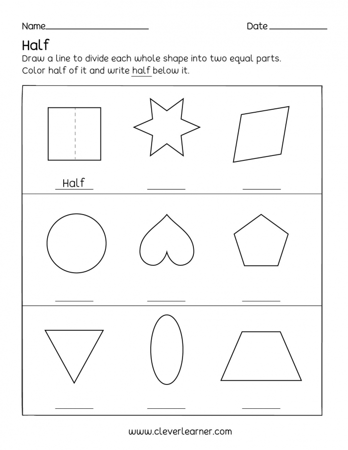 Divide the Shapes in Half activity for first-grade learners Worksheet featuring various shapes for students to divide in half and color one half