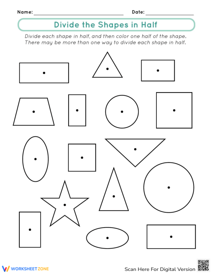 Divide the Shapes in Half worksheet for teaching basic fractions Worksheet featuring various shapes to be divided in half for first graders