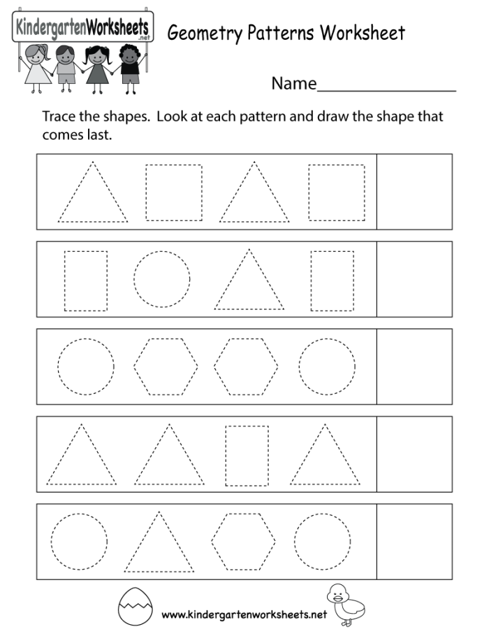 First grade students identifying and continuing shape patterns with circles, squares, and triangles in sequence
