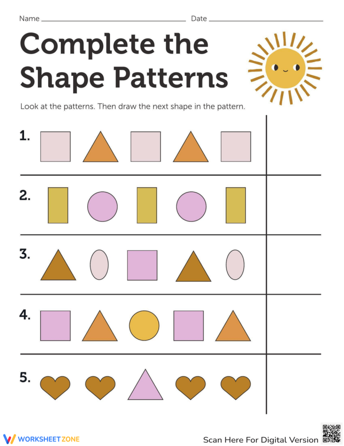 First grade students completing a math worksheet by identifying the next shape in a pattern