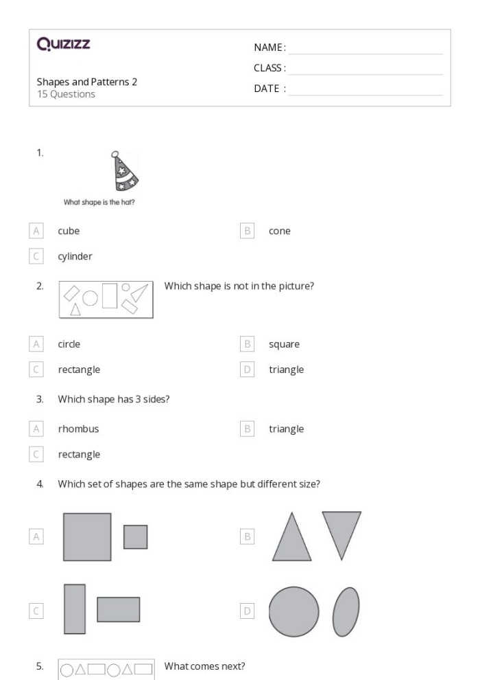 First grade students identifying and continuing shape patterns with circles, squares, and triangles