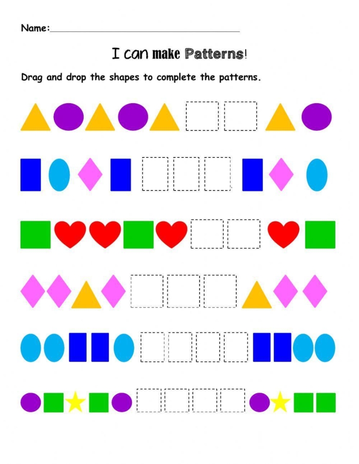 First grade students identifying what comes next in a sequence of colorful shapes on a pattern worksheet