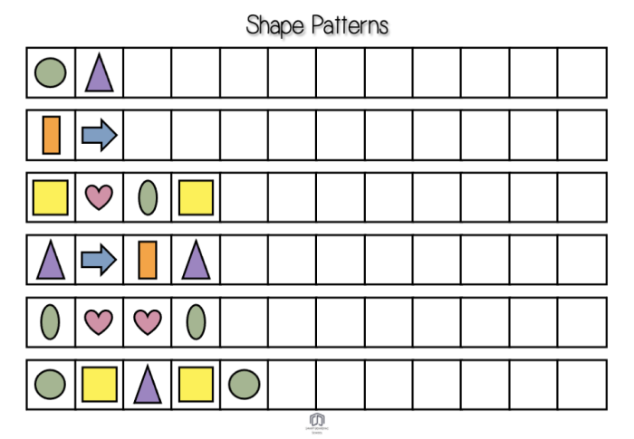 First grade worksheet featuring various geometric shapes arranged in sequences to practice pattern recognition