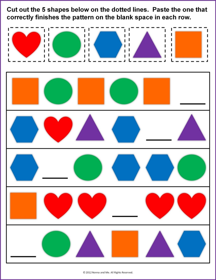First grade students practice continuing a sequence of geometric shapes on this worksheet