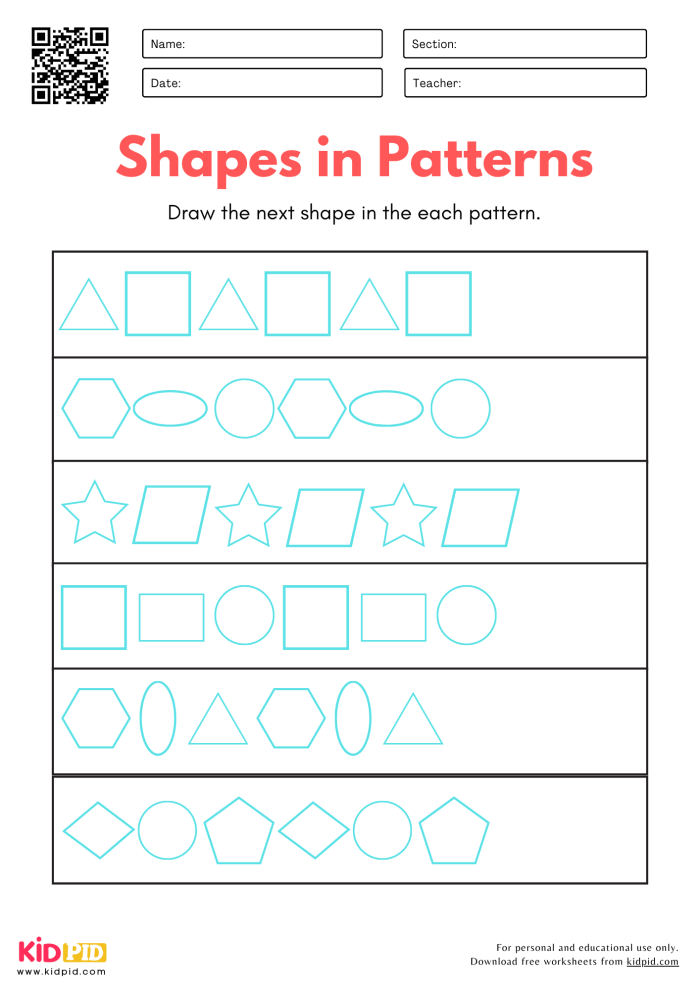 First grade shape patterns worksheet showing colorful geometric shapes in repeating sequences for students to identify and continue the pattern