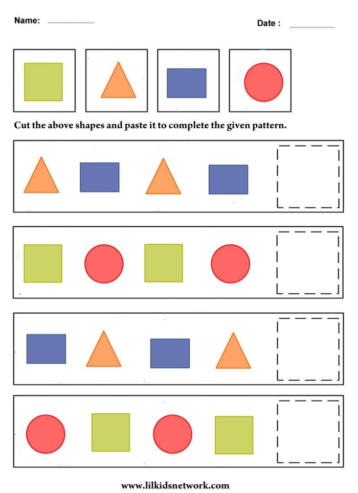 First grade students completing a shape patterns worksheet identifying what comes next in sequences