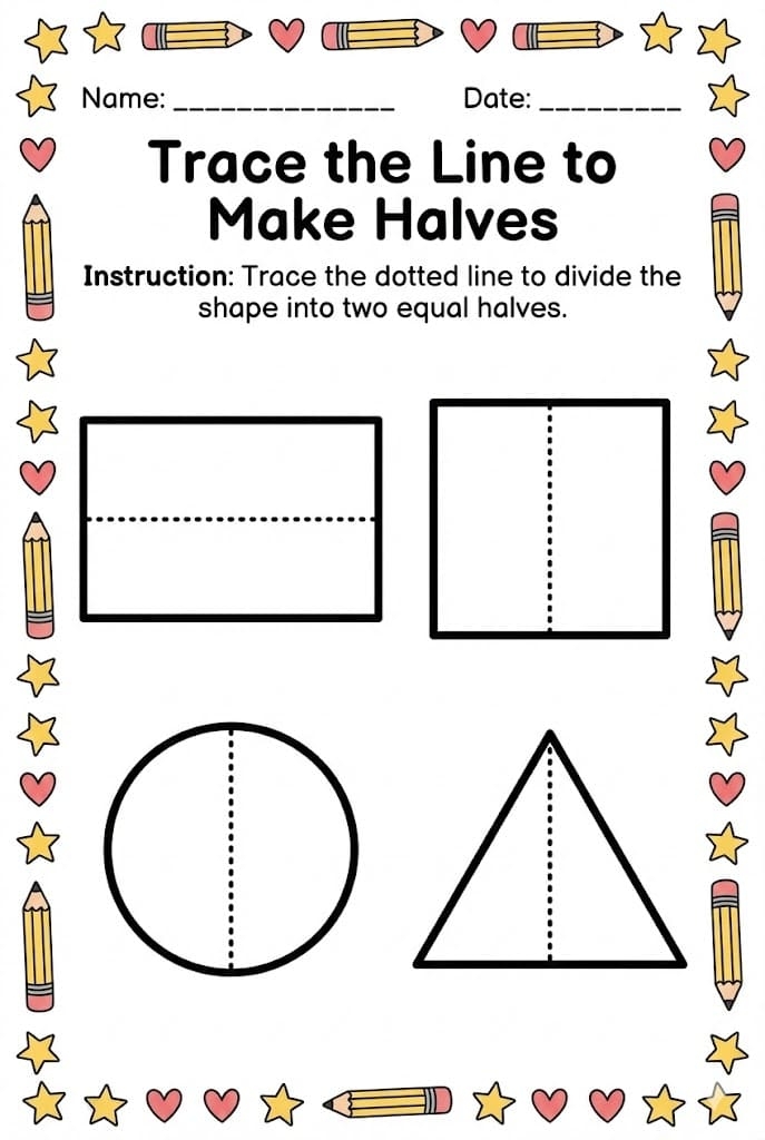 Divide the Shapes in Half worksheet for teaching simple fractions Worksheet showing various shapes for first graders to divide in half and color one part