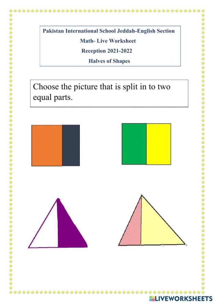 Divide the Shapes in Half worksheet for introducing basic fractions Worksheet featuring various shapes for dividing into halves for first graders
