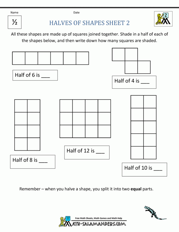 Divide the Shapes in Half worksheet for teaching fractions Colorful worksheet for first graders featuring shapes to be divided in half