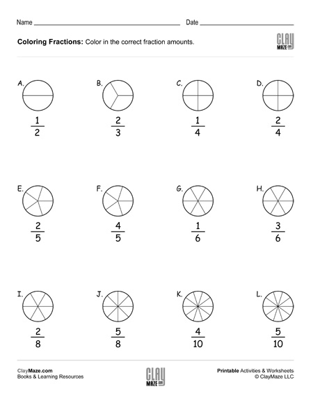 Colorful fraction coloring worksheet for first graders learning about fractions through shapes