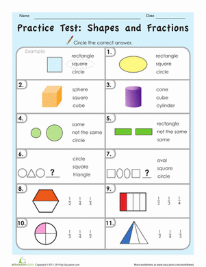 Engaging quiz for first grade students to reinforce their understanding of shapes and fractions Practice Test worksheet featuring simple shapes and basic fractions for first graders