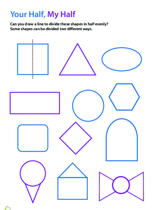 Divide the Shapes in Half worksheet for first grade students Worksheet showing various shapes for dividing into halves suitable for first graders