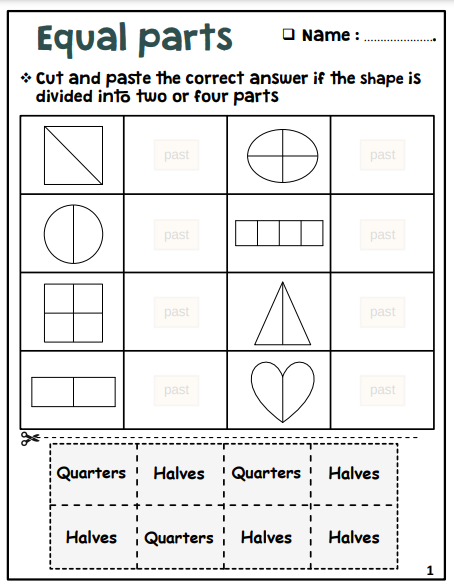 Divide the Shapes in Half worksheet for early fraction understanding Colorful worksheet showing shapes divided in half for first graders
