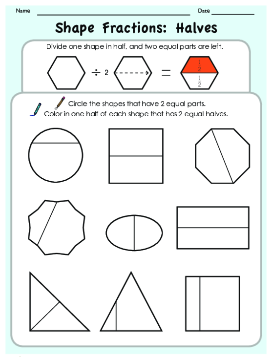 Divide the Shapes in Half Worksheet for Learning Fractions Worksheet featuring shapes for dividing into halves for first graders
