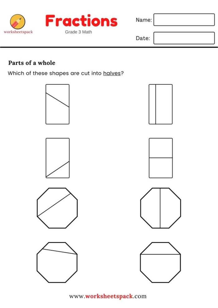 Divide the Shapes in Half worksheet for learning fractions Worksheet featuring various shapes for first graders to divide into halves