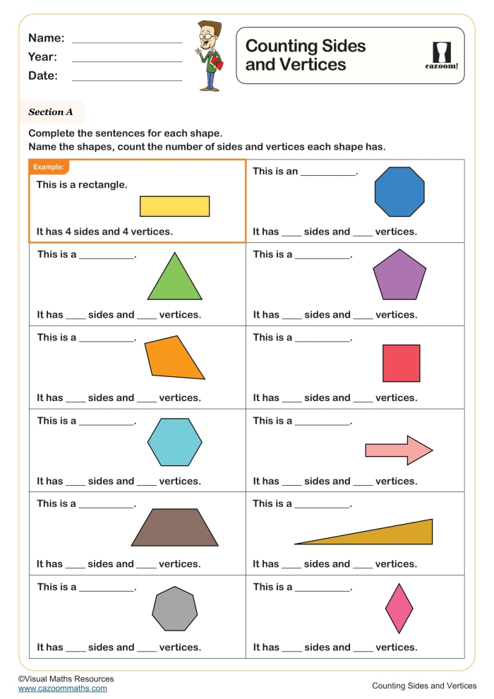 First grade geometry worksheet featuring various shapes for students to identify and count sides
