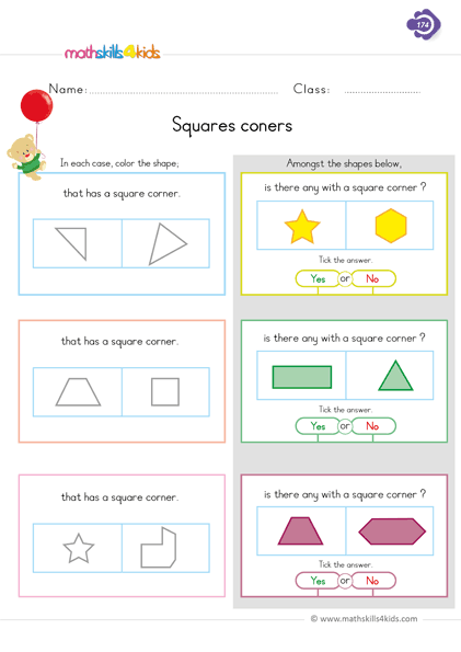 First grade geometry worksheet featuring various shapes for students to identify and count sides