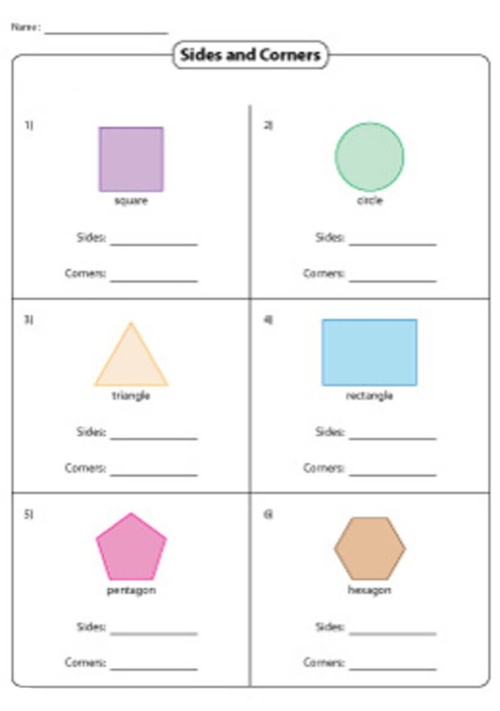 First grade geometry worksheet featuring various shapes for students to identify and count sides
