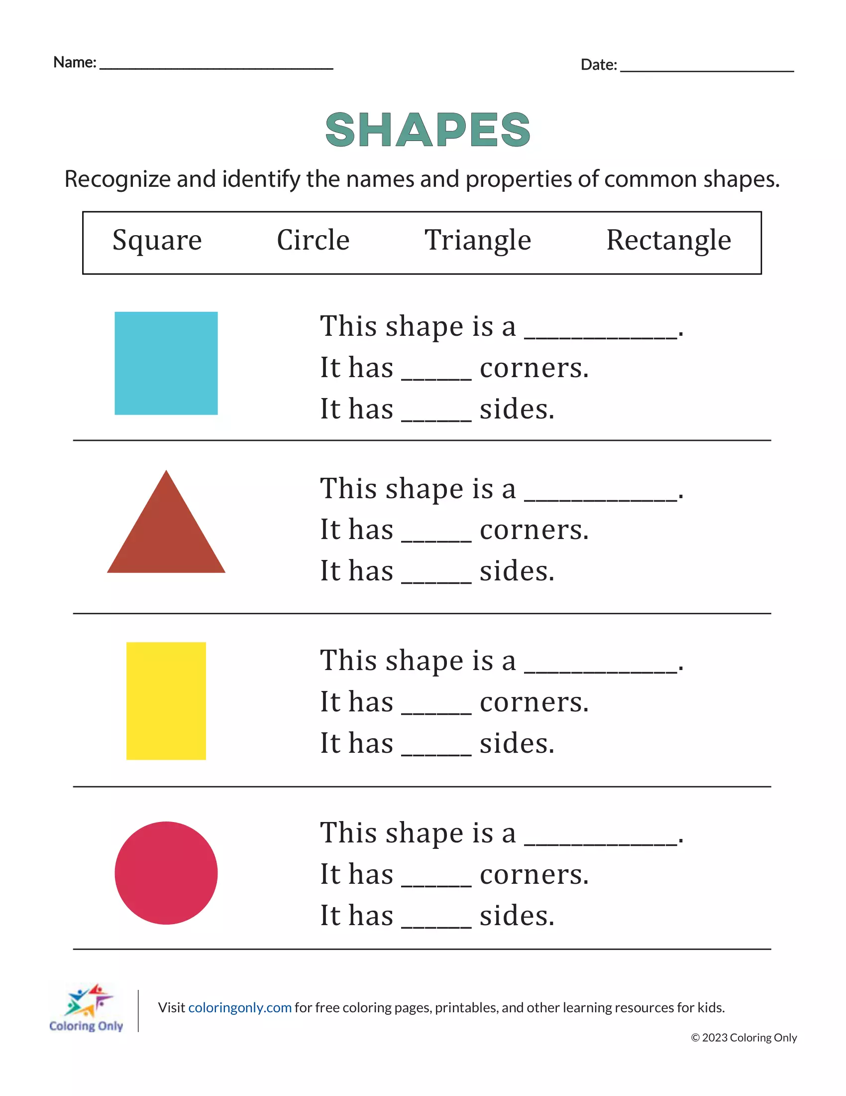 First grade geometry worksheet featuring various shapes for students to identify and count sides