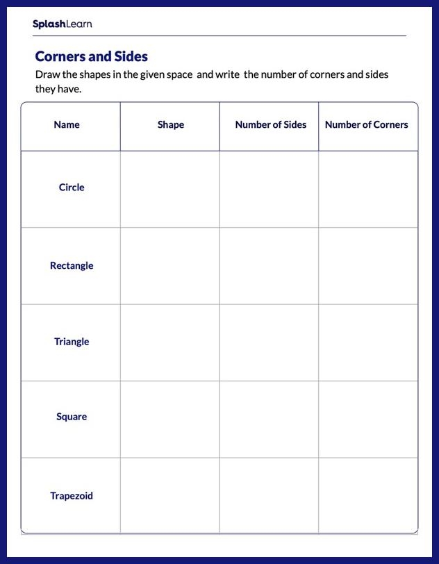 First grade worksheet focused on identifying shapes and counting their sides
