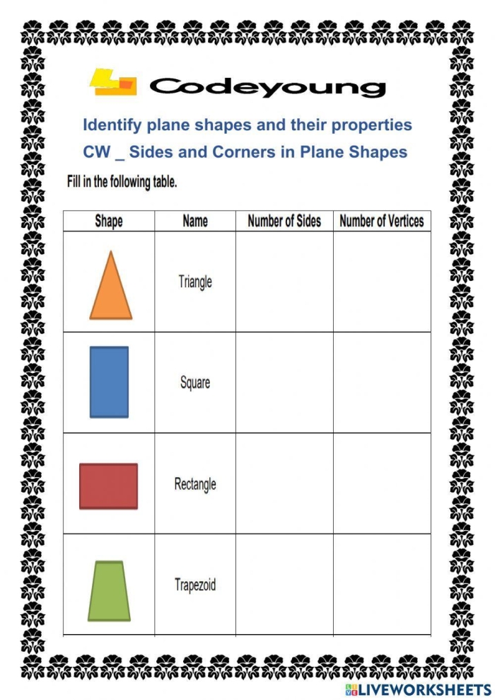 First grade geometry worksheet showing various shapes for counting sides