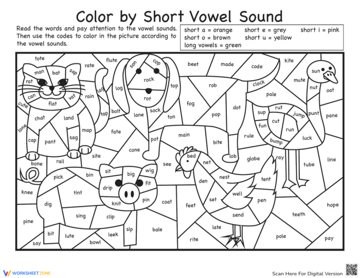 First grade student coloring a worksheet activity focusing on identifying short vowel sounds