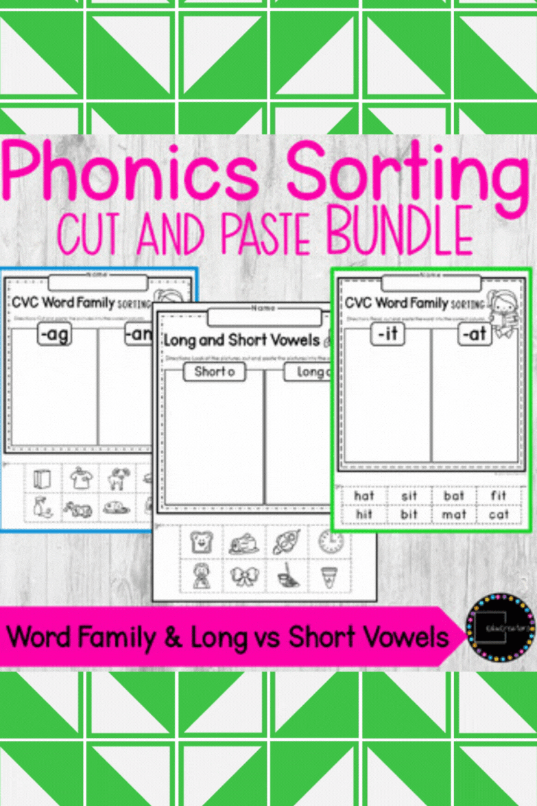 Worksheet featuring a cut-and-paste activity for sorting short vowel words