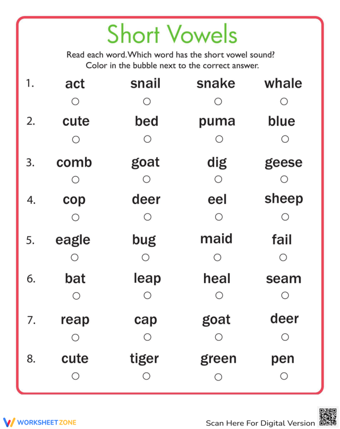 Worksheet for practicing short vowel sound "E" with word families for first graders