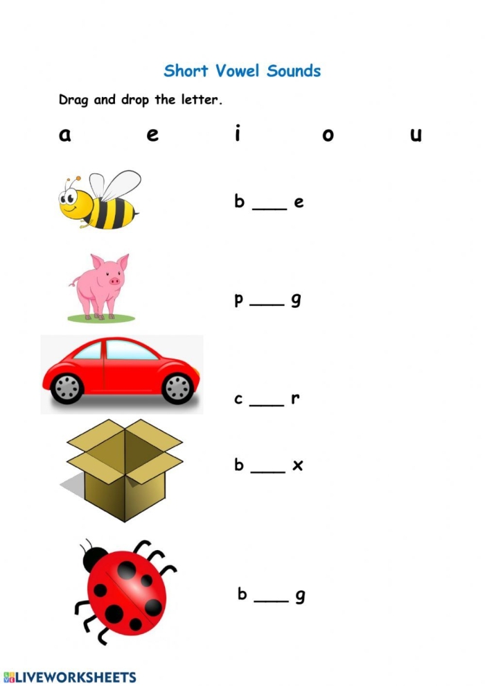 Worksheet for practicing short vowel sounds with "E" for first graders