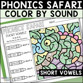 First grade student coloring a worksheet focused on identifying short vowel sounds