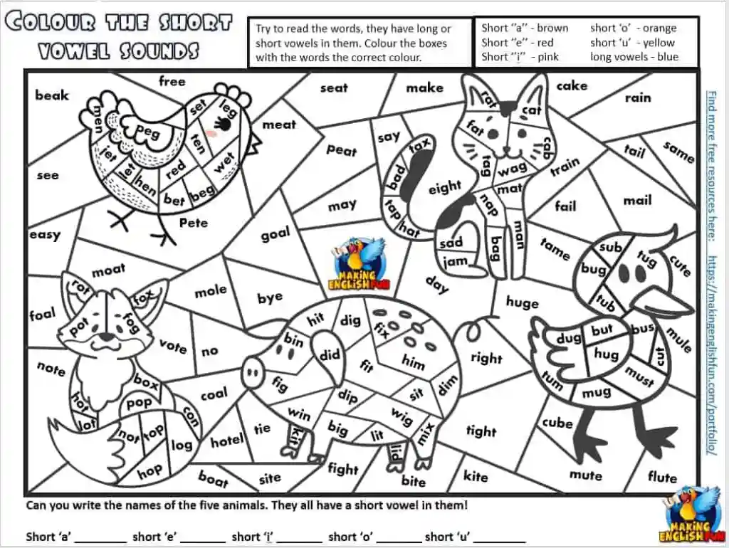 First grade student coloring a worksheet focusing on identifying short vowel sounds