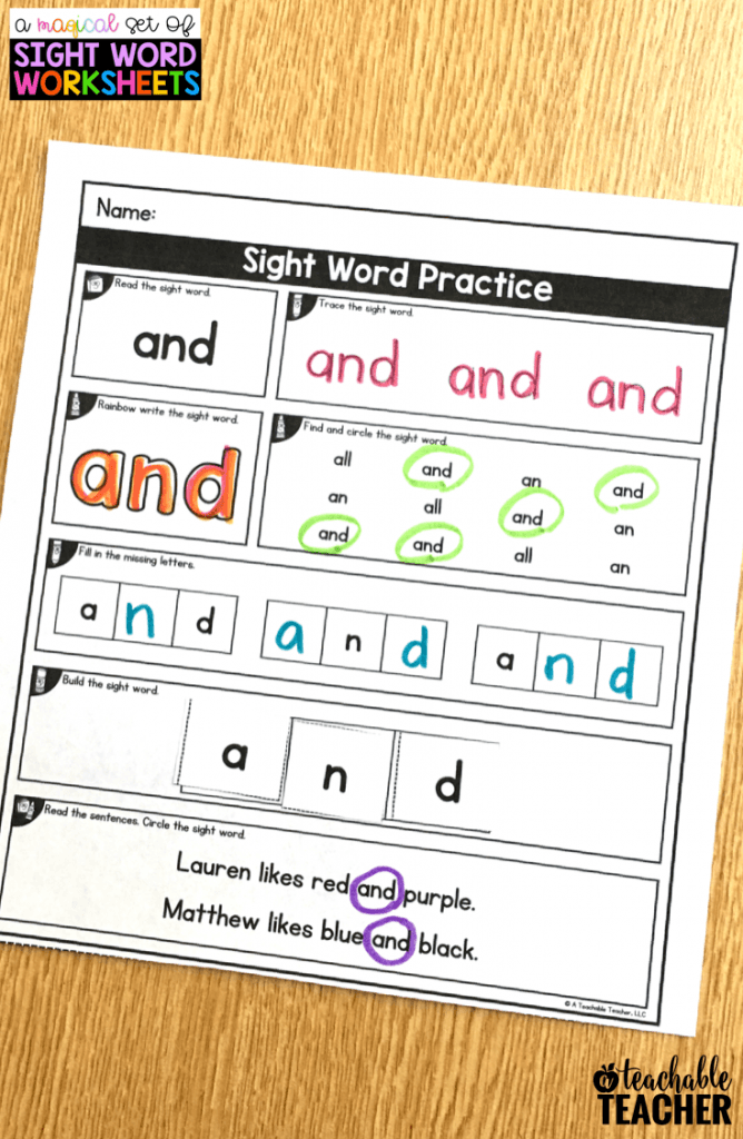 First grade student practicing writing skills on a fill in the sight word worksheet