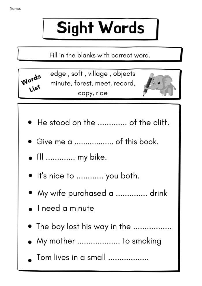 Fill-in-the-blank worksheet designed to enhance first graders' sight word skills