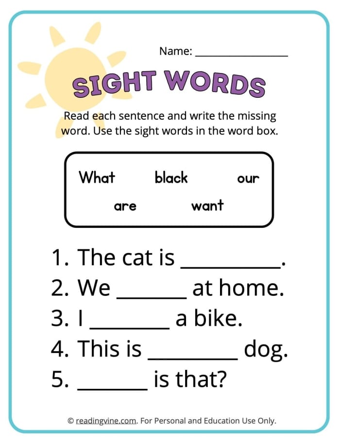 Fill-in-the-blank worksheet designed to enhance sight word skills for first graders