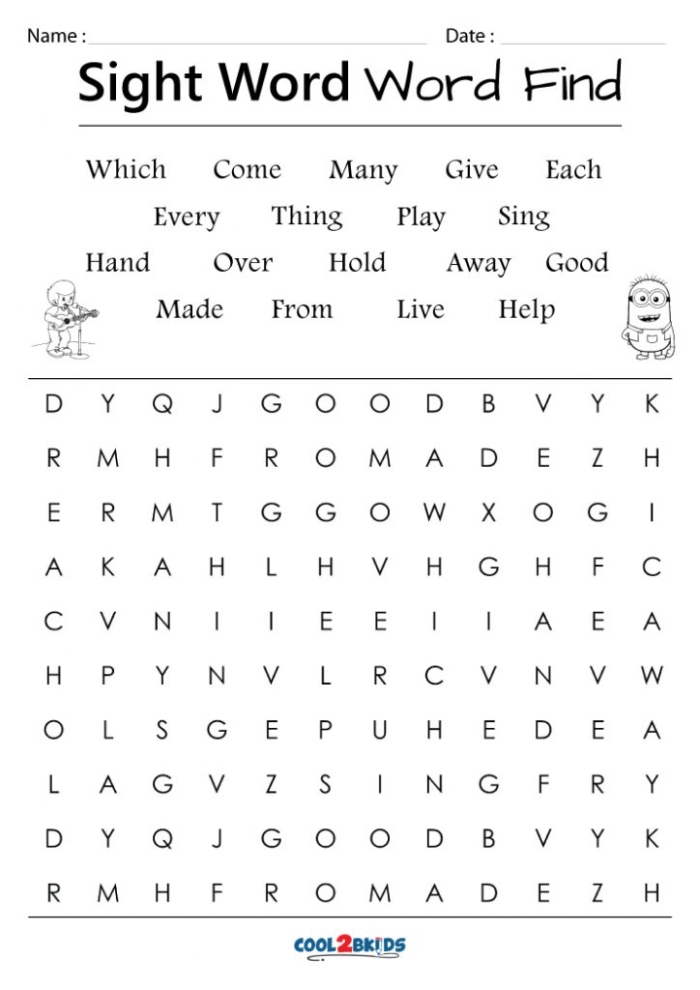 Sight Word Search Worksheet for First Graders: Focus on Words Starting with A First-grade sight word search worksheet featuring words starting with the letter A