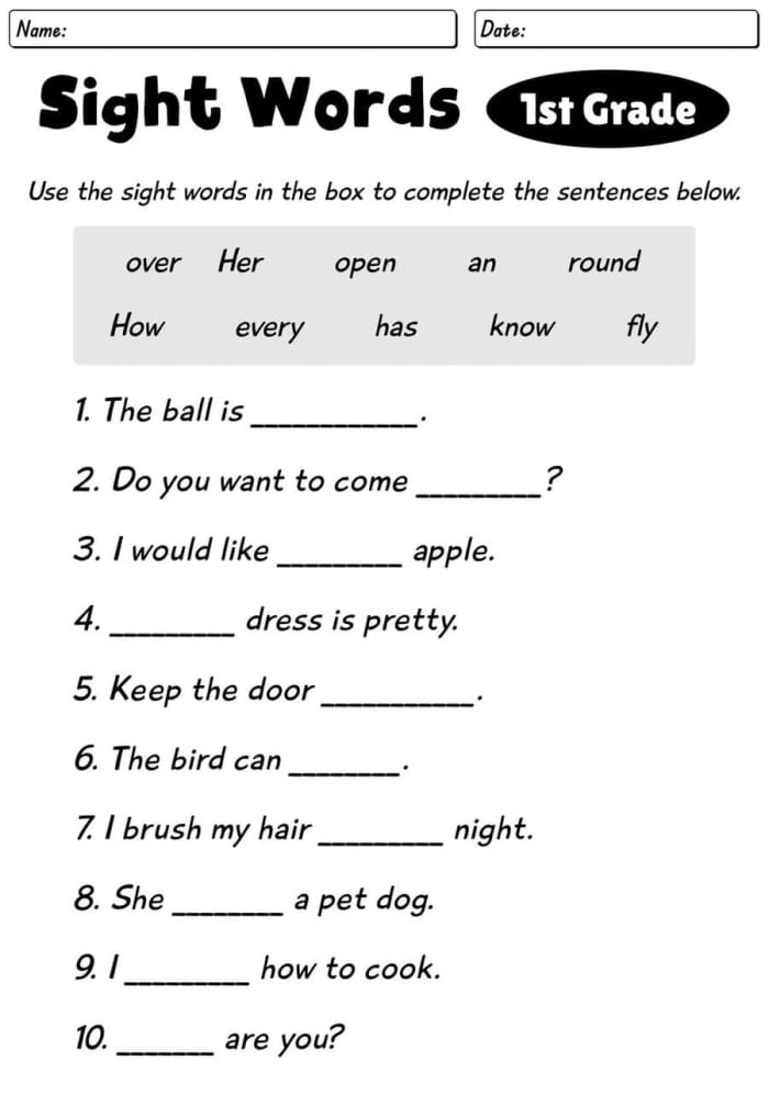 First grade student completing a fill in the sight word worksheet exercise