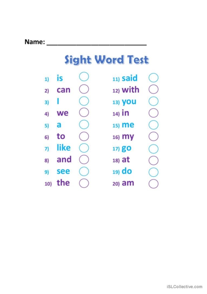 Assessment worksheet designed for first graders to track their sight word reading progress First grade sight words assessment worksheet for evaluating reading skills