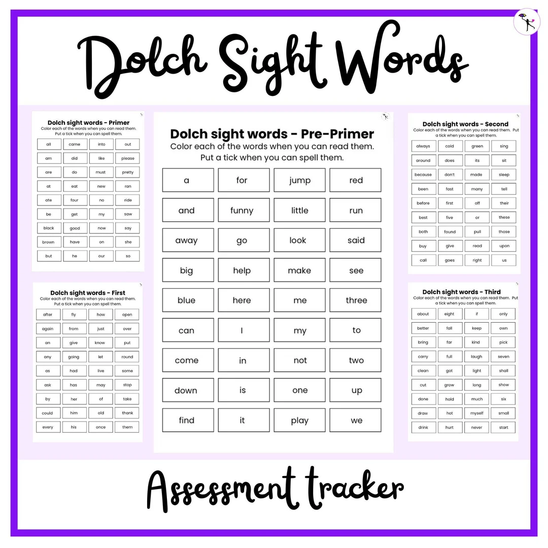 Visual guide for assessing students' abilities with grade-level sight words First grade sight words assessment worksheet for evaluating reading skills