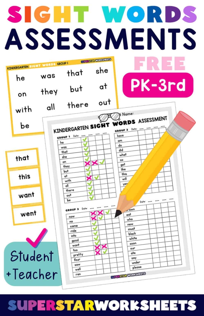 First Grade phonics worksheet to assess students' sight word recognition Sight Words Assessment worksheet for first graders evaluating reading skills