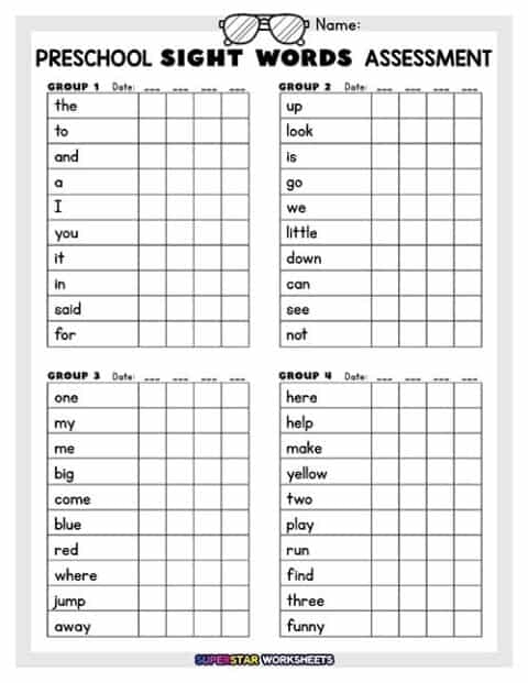 One-on-one reading inventory for gauging student sight word abilities First grade sight words assessment worksheet for evaluating reading skills