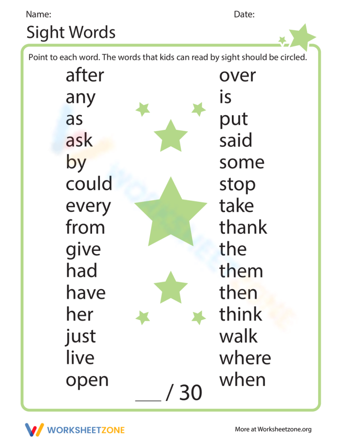 Sight Words Inventory Worksheet for First Grade Reading Assessment 4 First grade student completing a sight words inventory assessment worksheet