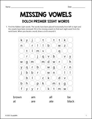 Educational missing sight words worksheet for first graders exercise five First grade students completing a missing sight word activity sheet on fractions