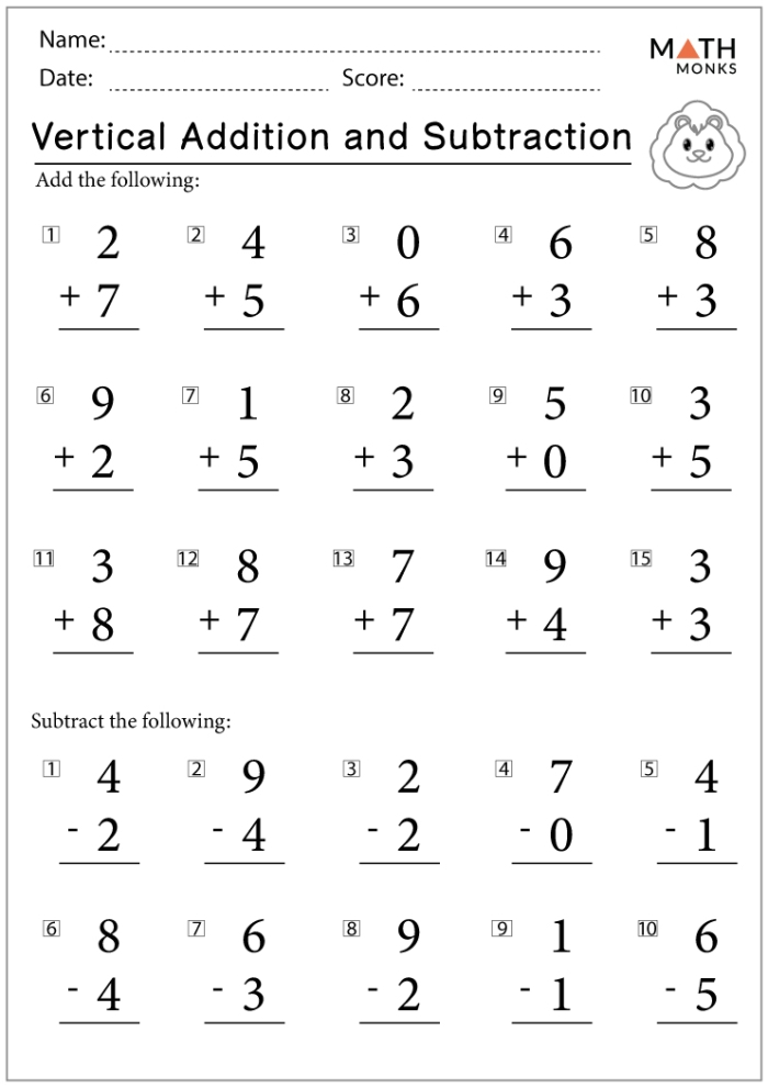 Engaging math practice for young learners focusing on basic addition and subtraction skills Simple Addition and Subtraction worksheet designed for first graders with 24 one-digit problems