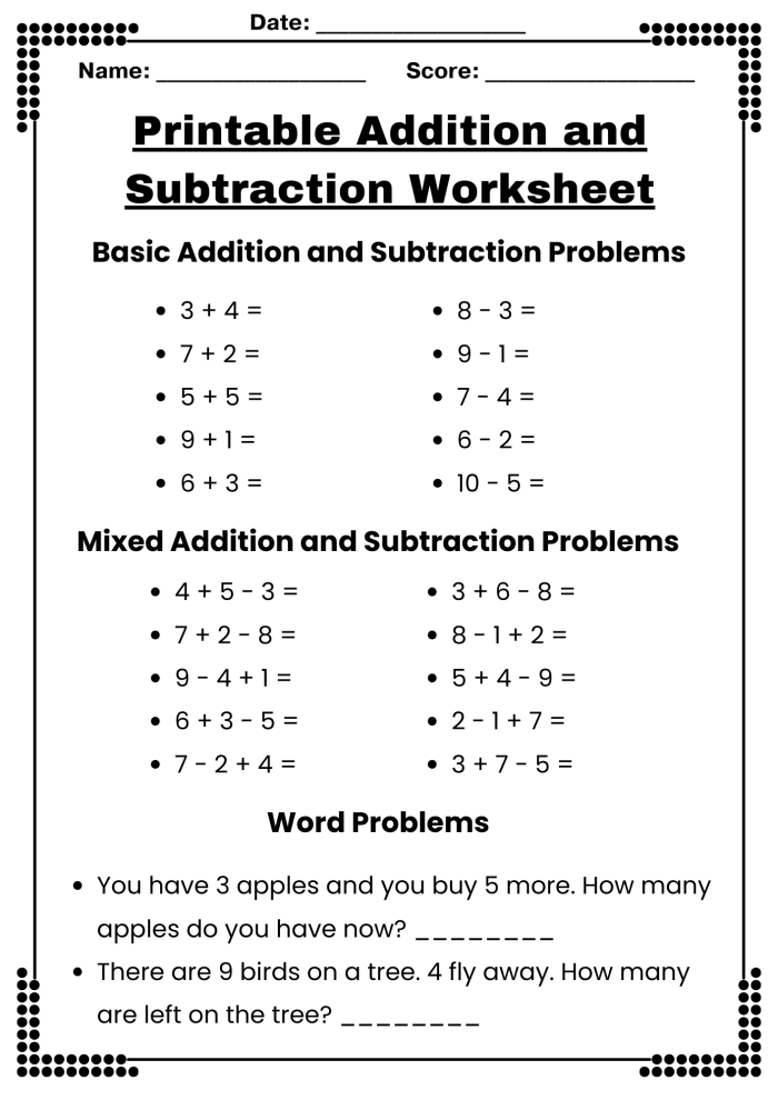 Engaging practice sheet with 24 one-digit problems for first graders to enhance their math skills First grade math worksheet featuring simple addition and subtraction exercises for young learners