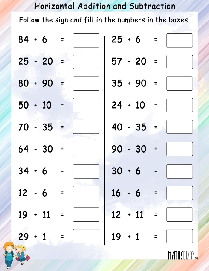 Engaging worksheet for practicing one-digit addition and subtraction skills First grade math worksheet featuring simple addition and subtraction problems for young learners